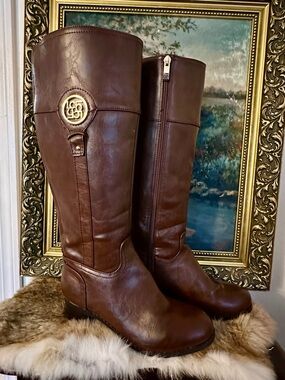 Liz Claiborne Brown Leather Knee-High Boots with Gold Logo